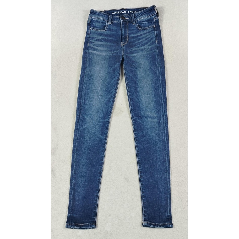 American Eagle Mom Jeans Womens 0 Short Blue Mid Rise Skinny Super Stretch